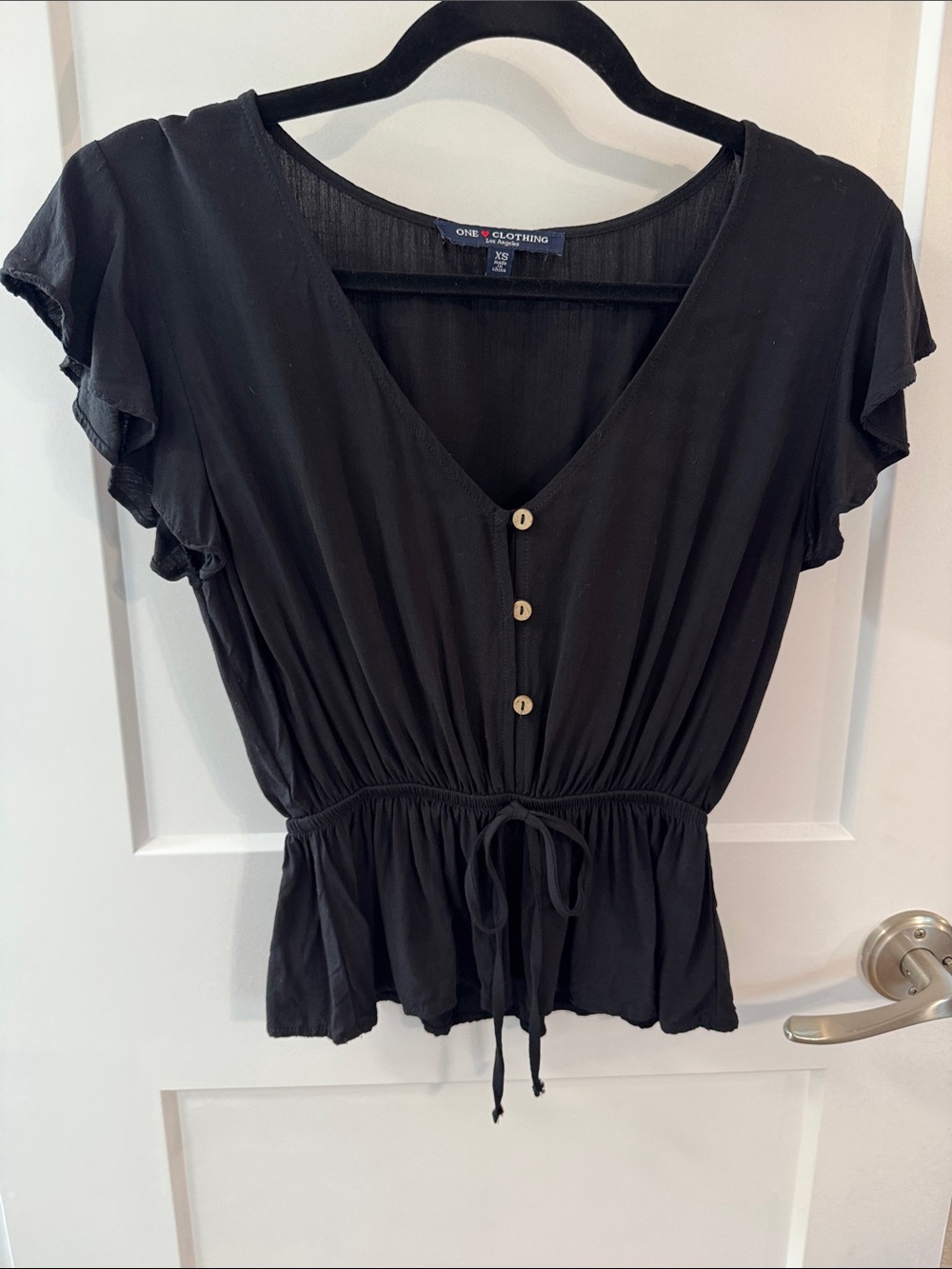 one clothing Black V-Neck Button Drawstring Peplum‎ Top